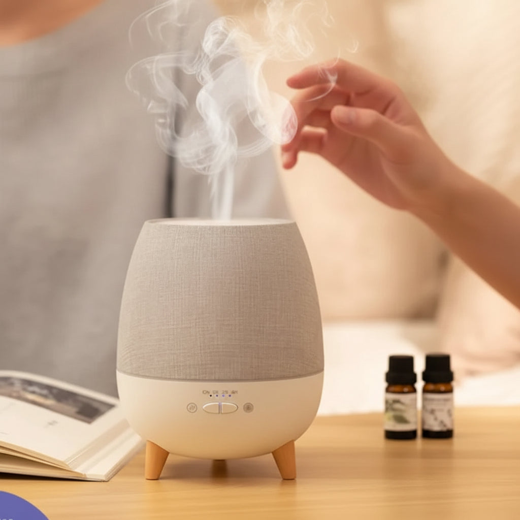 Fabric-textured humidifier on a table with a blurred background