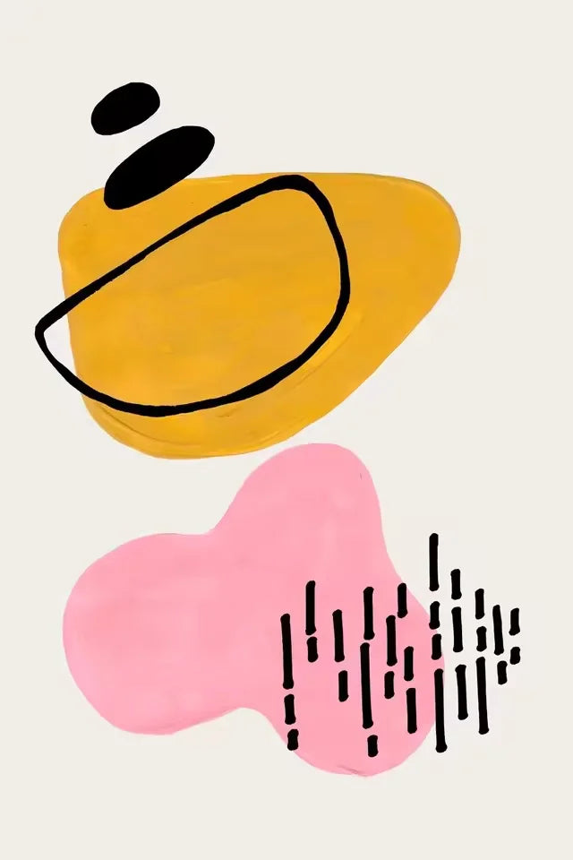 Abstract art with yellow, pink, and black shapes on a light gray background