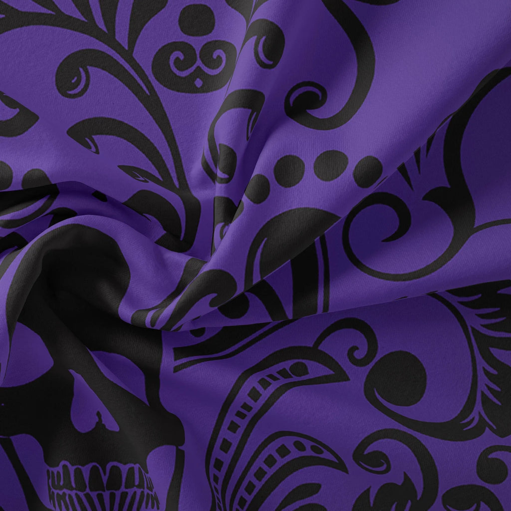 Violet purple skull print duvet cover close-up.