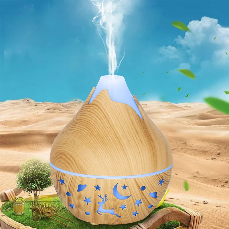 Wooden diffuser with decorative elements in a desert landscape