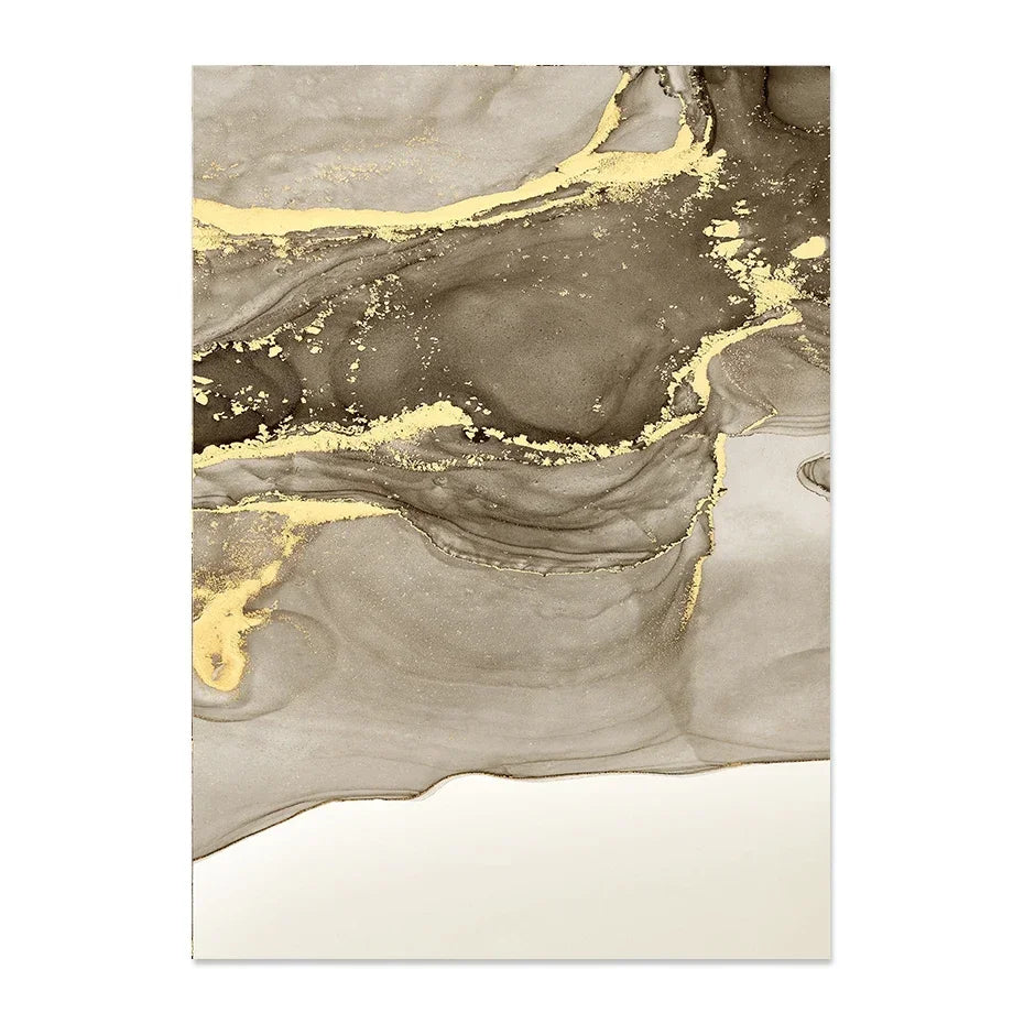 Minimalist abstract canvas print with flowing taupe and grey tones and gold-effect detail