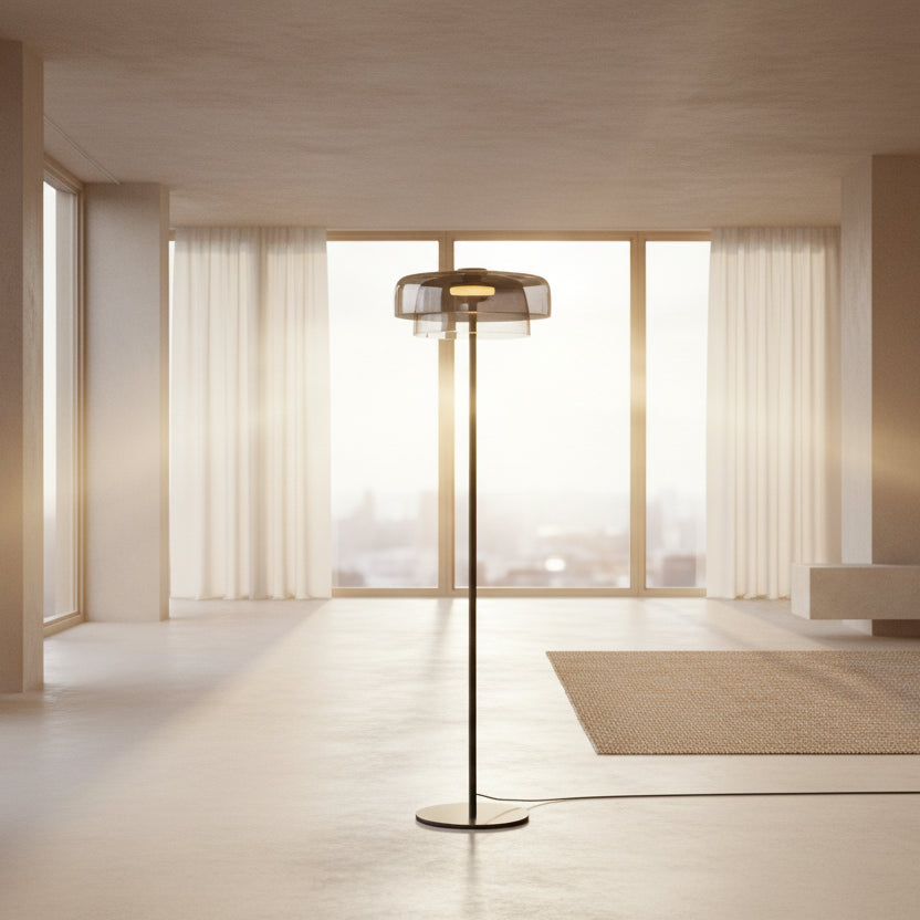 Double-layered smoked grey glass floor lamp with a chrome base showing 145cm height and 42cm width dimensions.