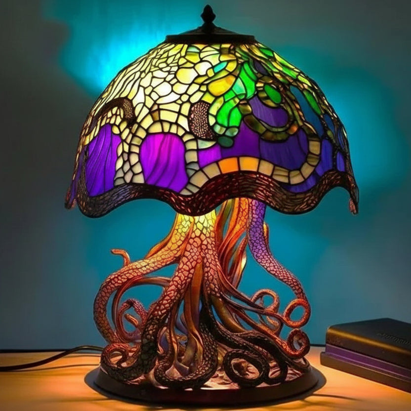 Purple and green-stained resin mushroom lamp with sculpted tentacle-style base