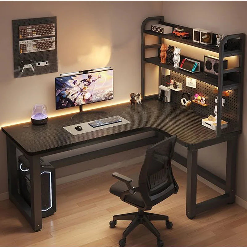 Black corner office desk with wood-effect top, shelving, and workspace accessories