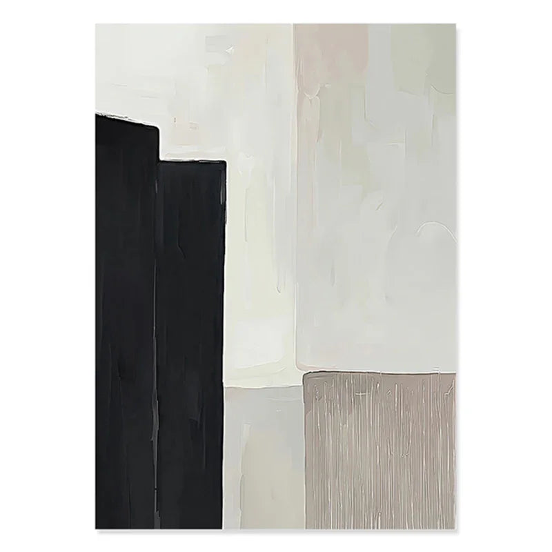 Minimalist abstract canvas print with bold black shape, soft cream tones, and a textured beige panel.