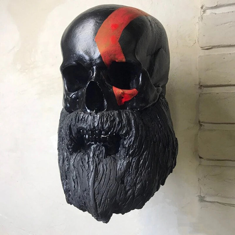 Black bearded skull decorative wall hanger with curved wall hook.