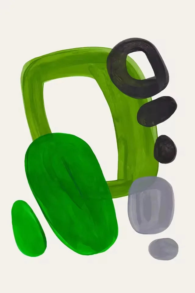 Abstract art piece with green, black, and gray shapes on a white background