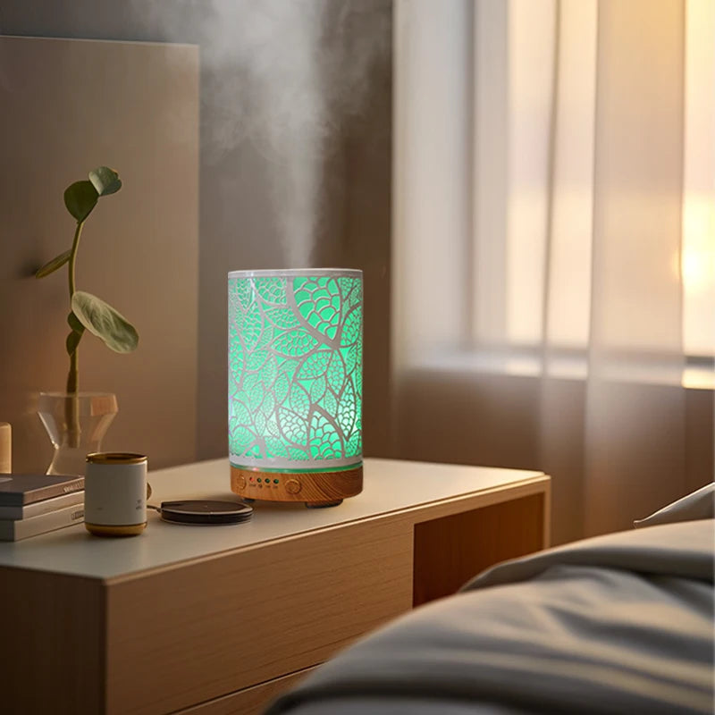 Decorative lamp with leaf pattern on a nightstand in a bedroom setting