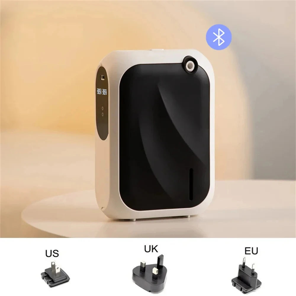 Black-and-white Bluetooth aromatherapy diffuser with US, UK, and EU plug options shown.