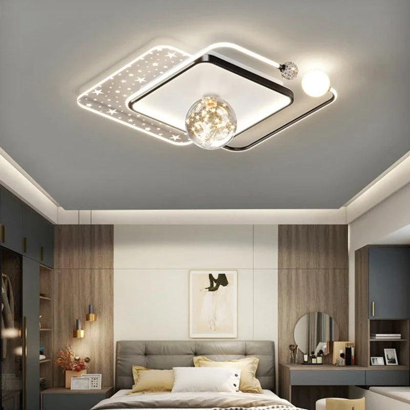 Black square double-frame LED ceiling light with star-cut panels and crystal ball, 52×52cm