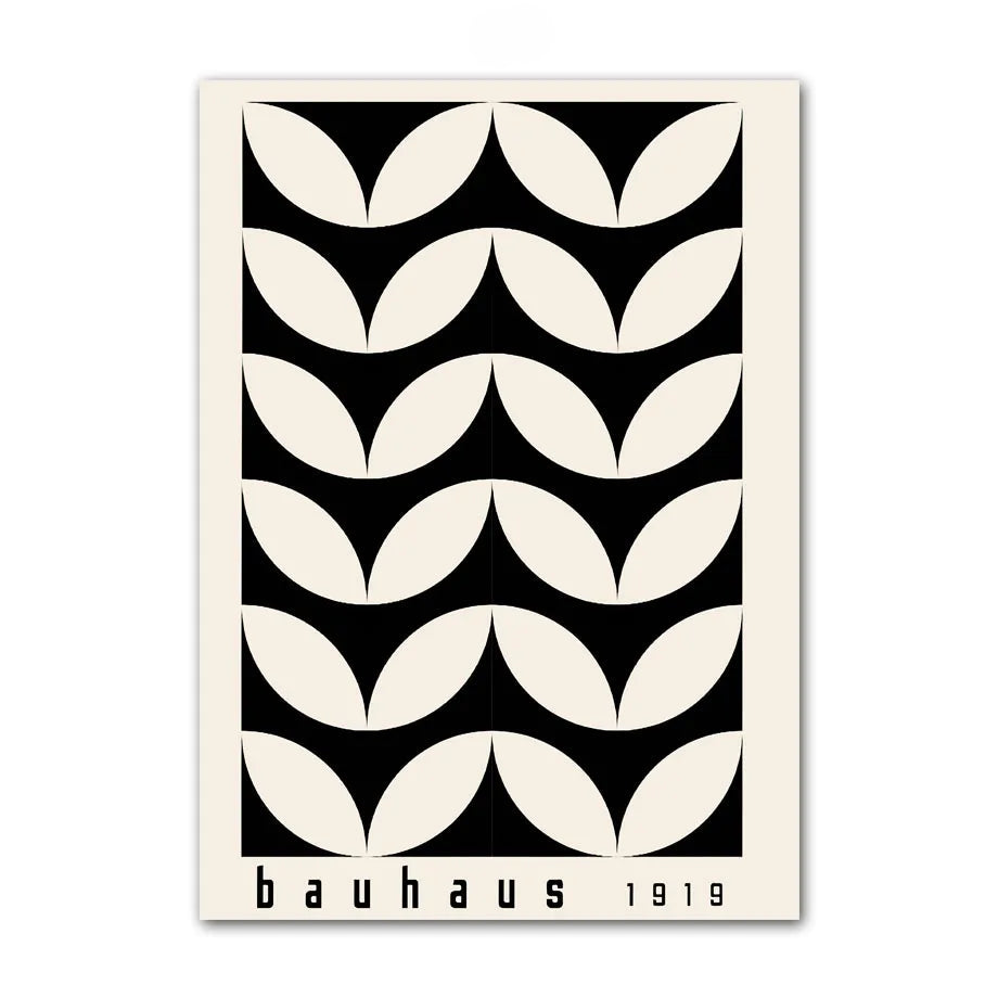Black and cream Bauhaus geometric canvas print with repeating petal pattern, unframed cotton wall art.