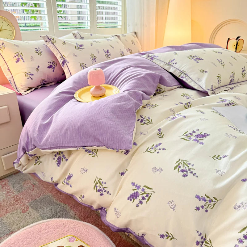 Lavender Field bedding set featuring delicate purple lavender sprigs on cream-coloured cotton.