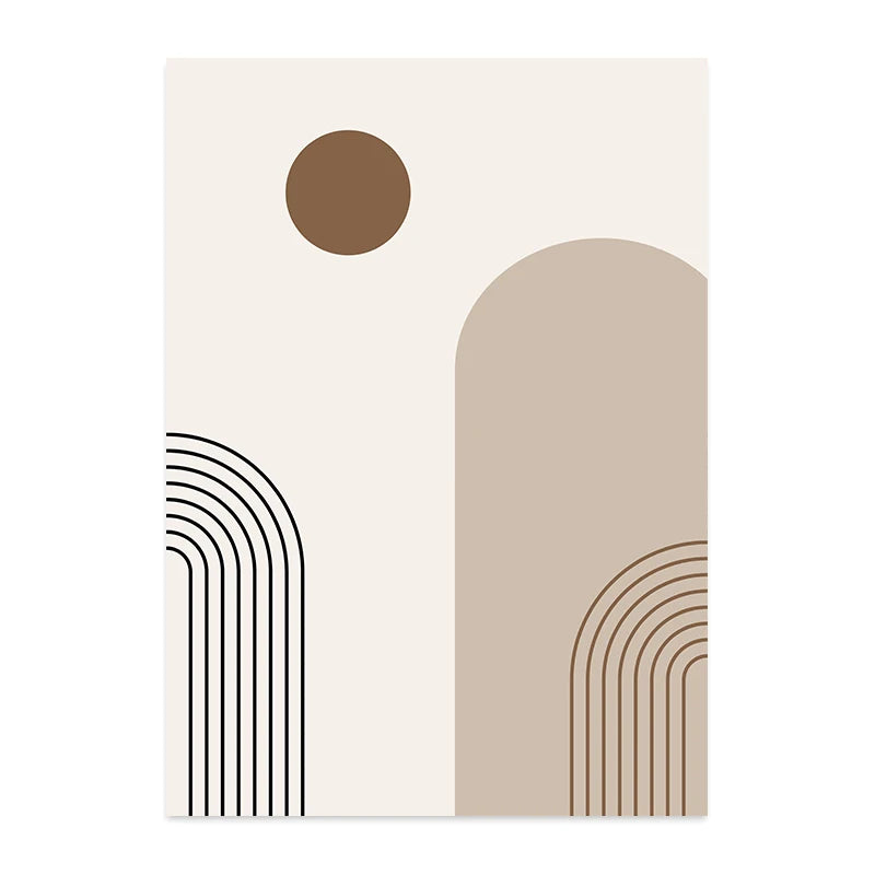 Neutral geometric canvas print with black and brown arch lines, beige block shape, and circular accent