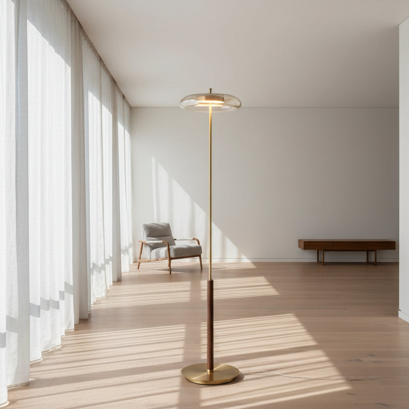 Modern copper and glass floor lamp – 128cm tall, minimalist design