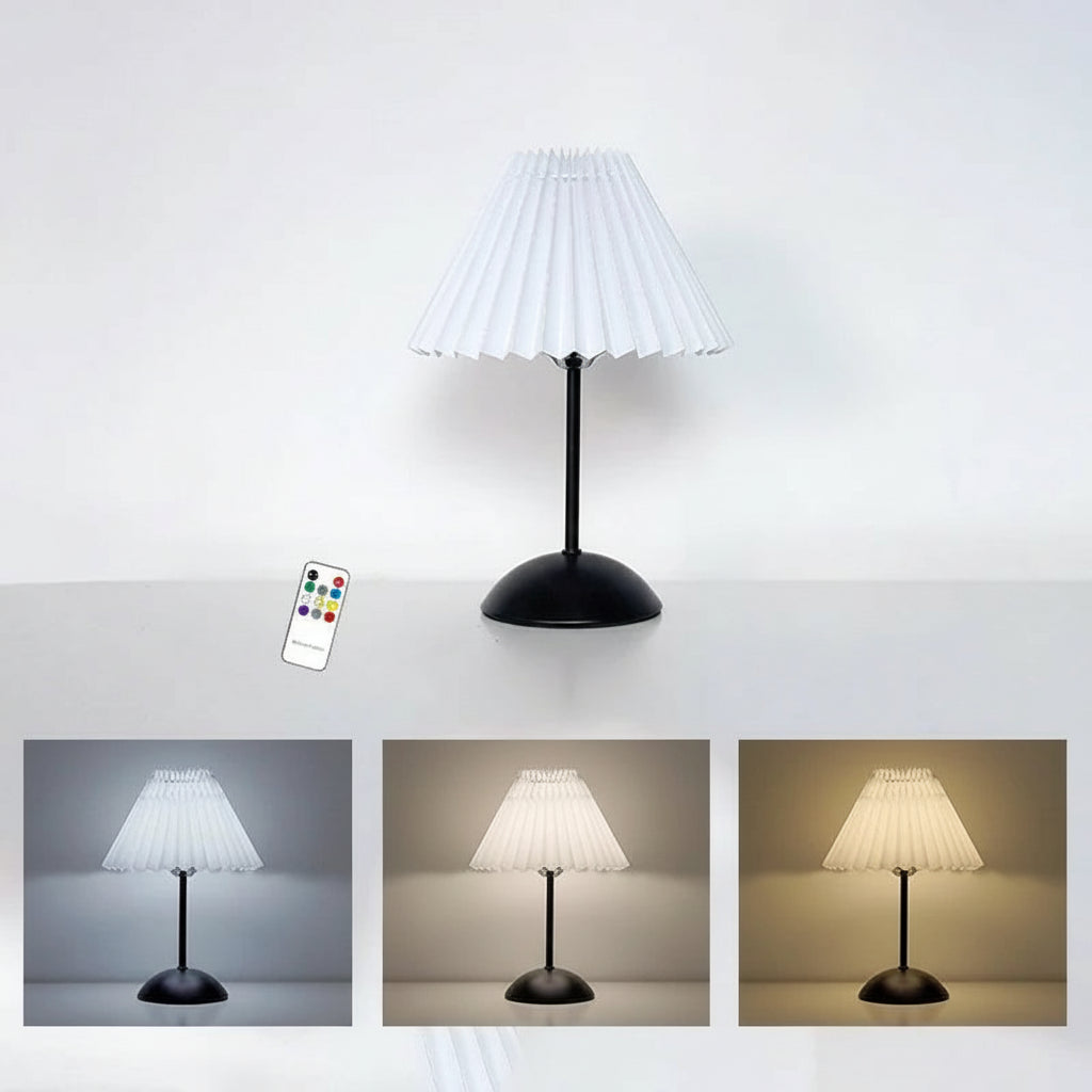 Table lamp with remote control, dimensions, and colour temperature options on a light grey background