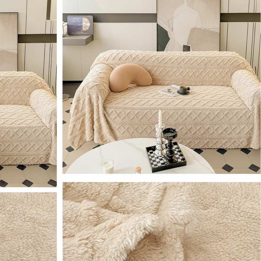 Beige sofa cover with decorative elements on a couch, close-up of texture, and product name '暖奶茶' displayed.