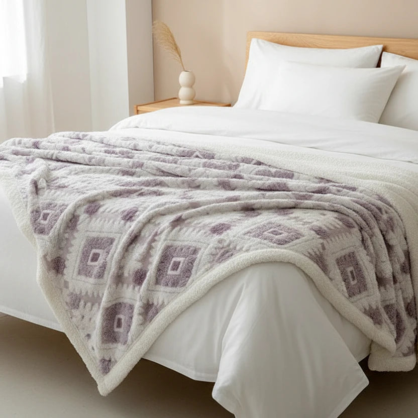 Lavender and ivory geometric fleece blanket draped over a white bed in a soft neutral room.