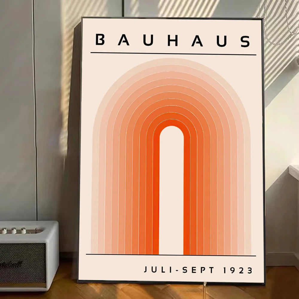 Bauhaus canvas print with layered orange arch lines and retro poster typography on a neutral background