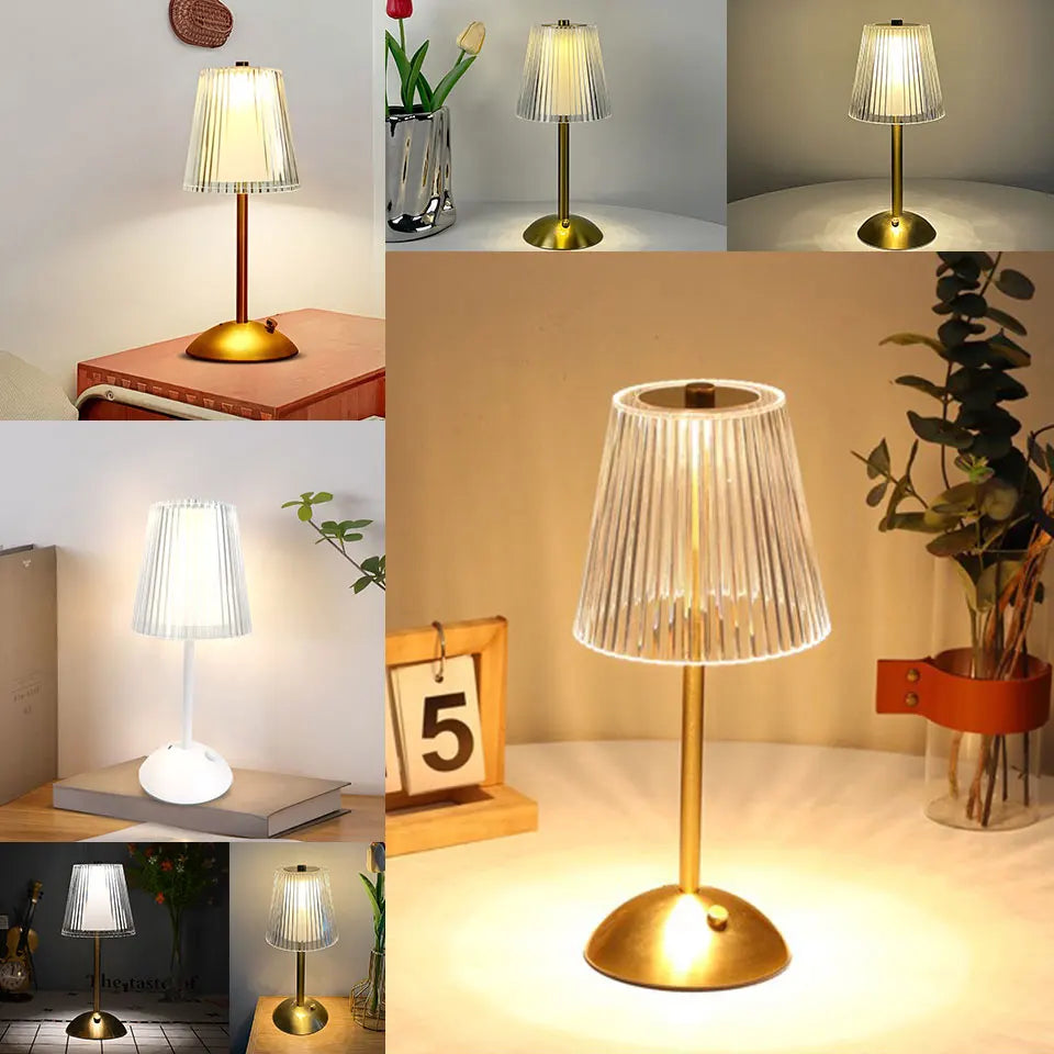 Collage of a gold table lamp in various settings with a plant and books.