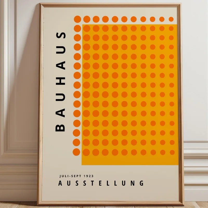 Bauhaus abstract canvas print with orange dot grid pattern and minimalist black typography on a neutral background