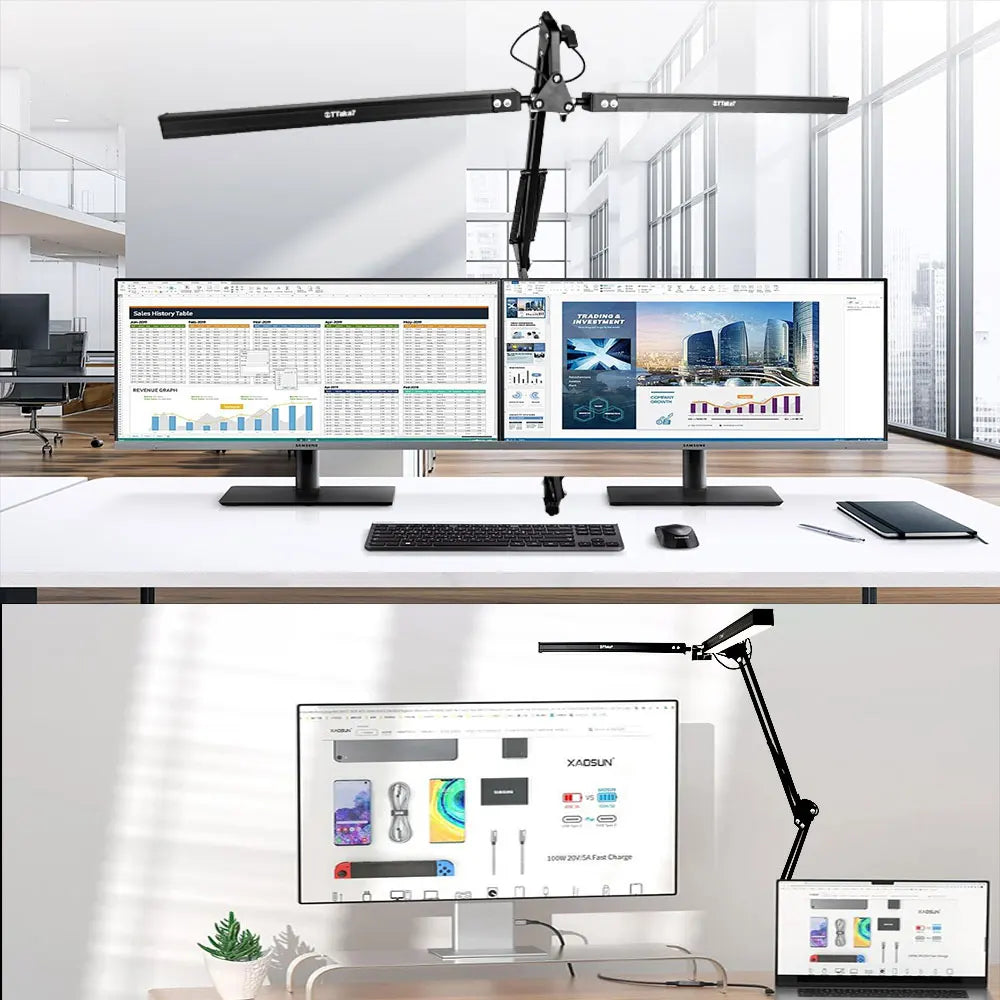 Two computer monitors on a desk with a dual light source in a modern office setting