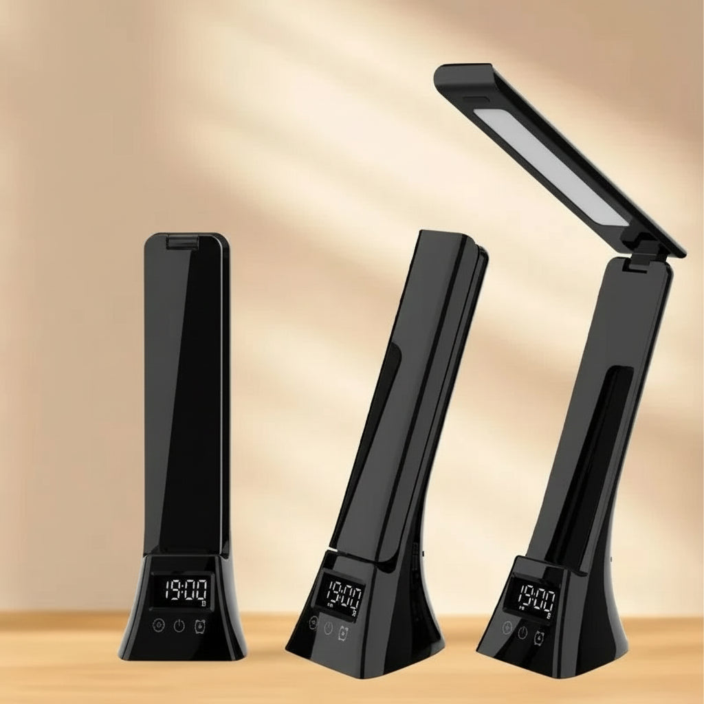 Collapsible table lamp with digital display on a beige background