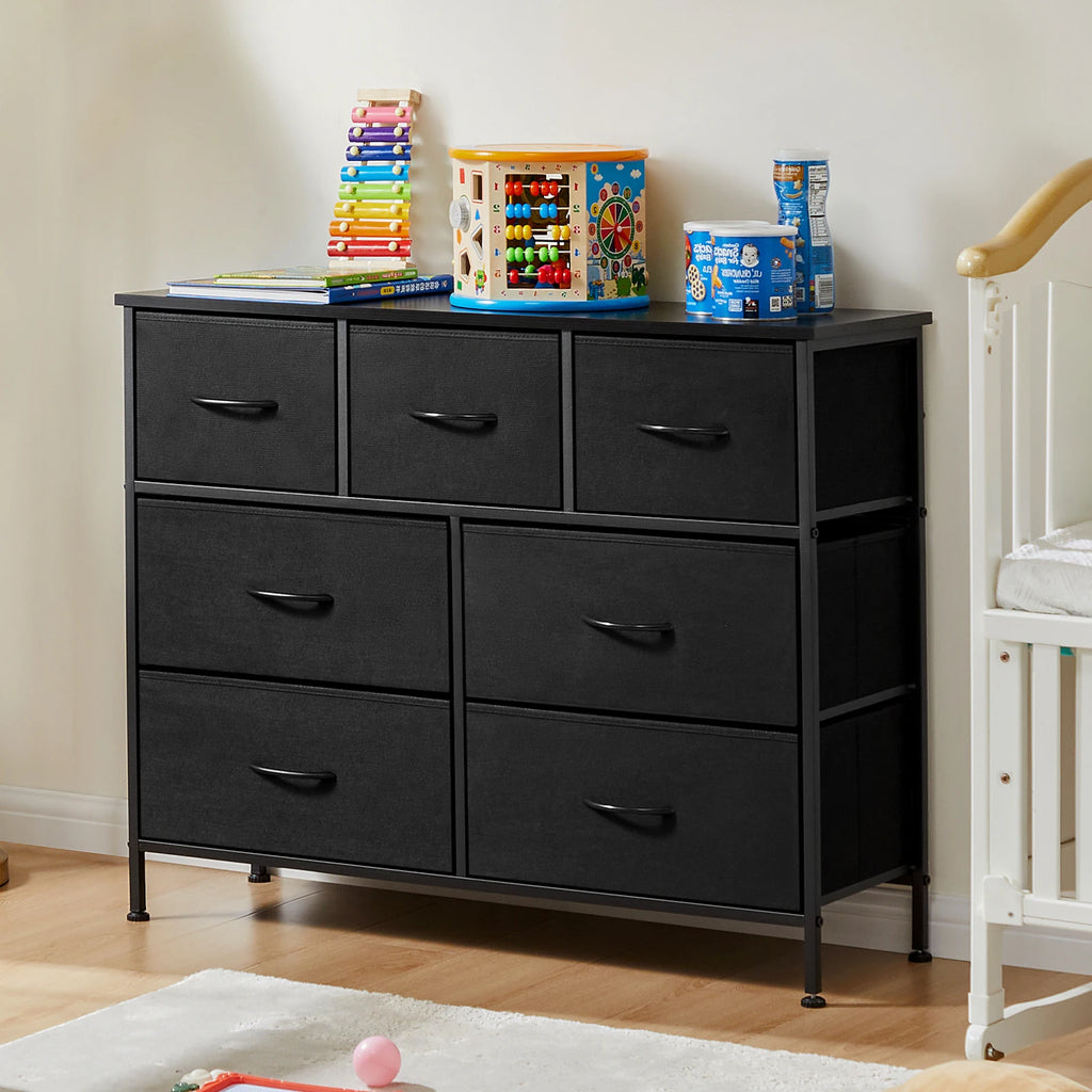 Black 7-drawer fabric dresser.