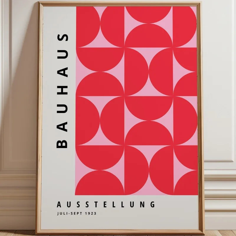 Bauhaus abstract canvas print with bold red semicircle pattern on a blush geometric grid