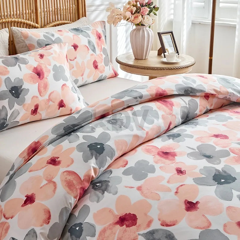 Blush floral duvet cover set with grey and pink watercolour flowers and matching pillowcases
