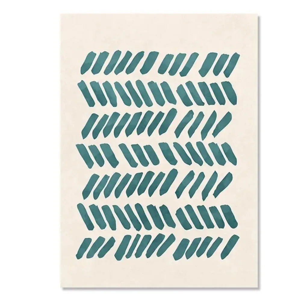 Minimalist canvas print with repeating teal brushstroke shapes on a soft neutral background