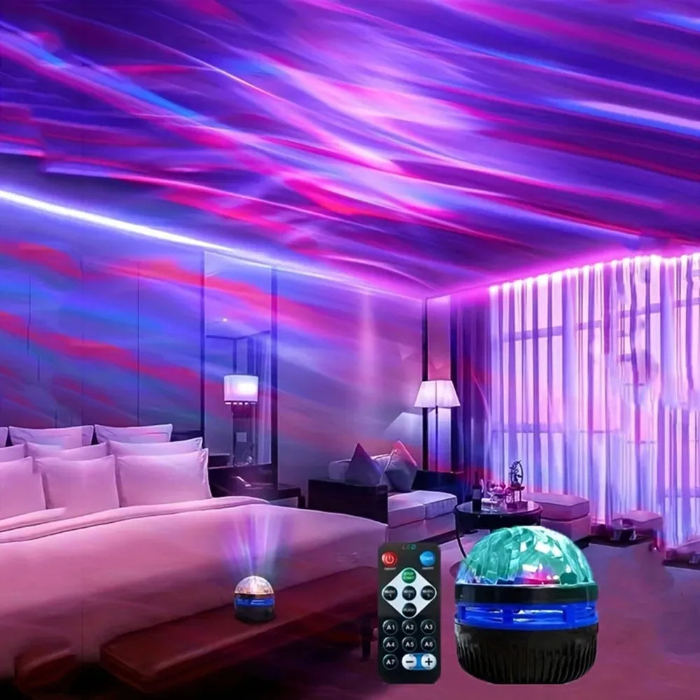 A room with colourful LED lights and decorative lights on a table.