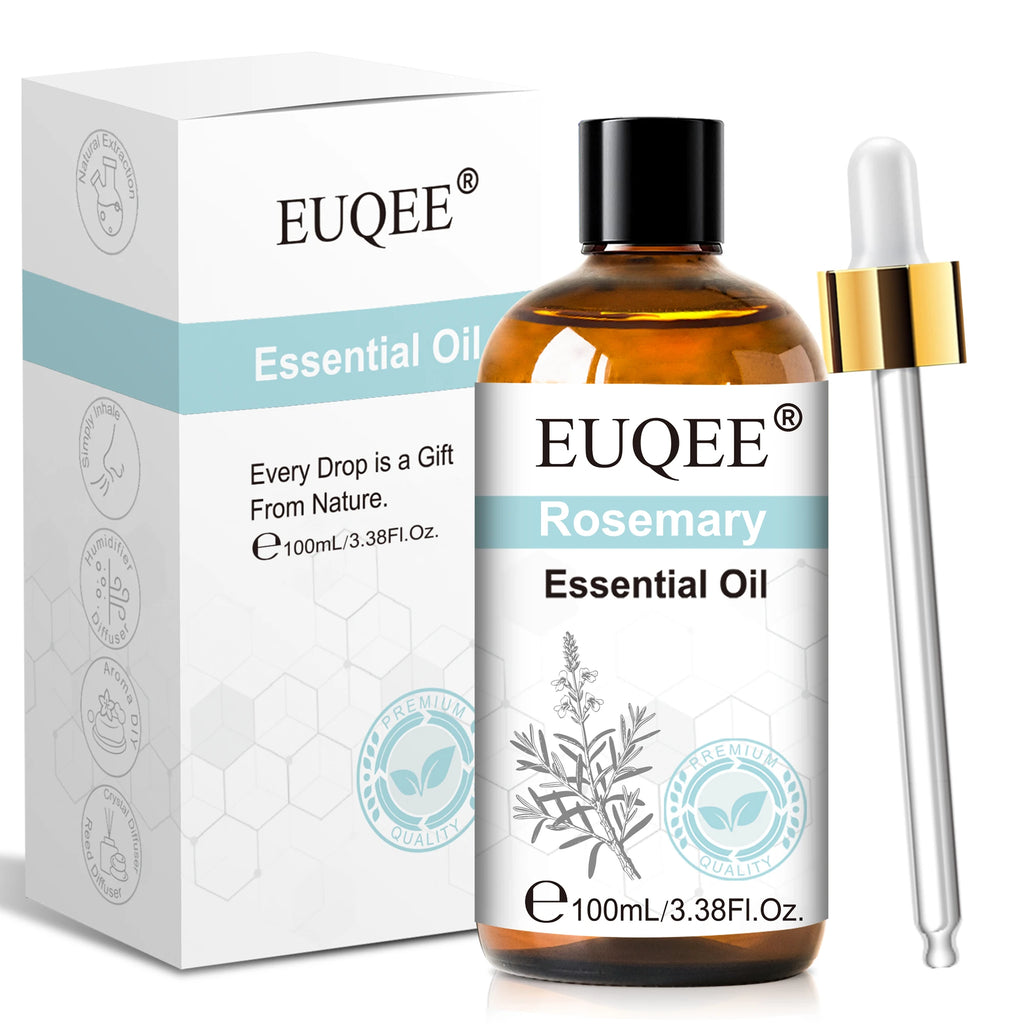 Rosemary Essential Oil bottle with dropper and packaging on a white background