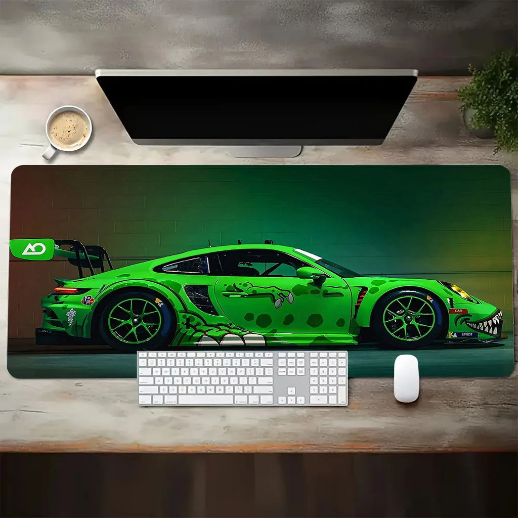 Neon green racing sports car mouse pad with bold graphic body design