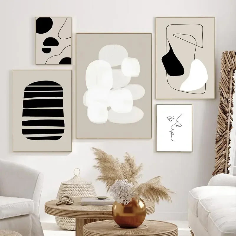 Modern living room with abstract art on the wall and decorative elements.