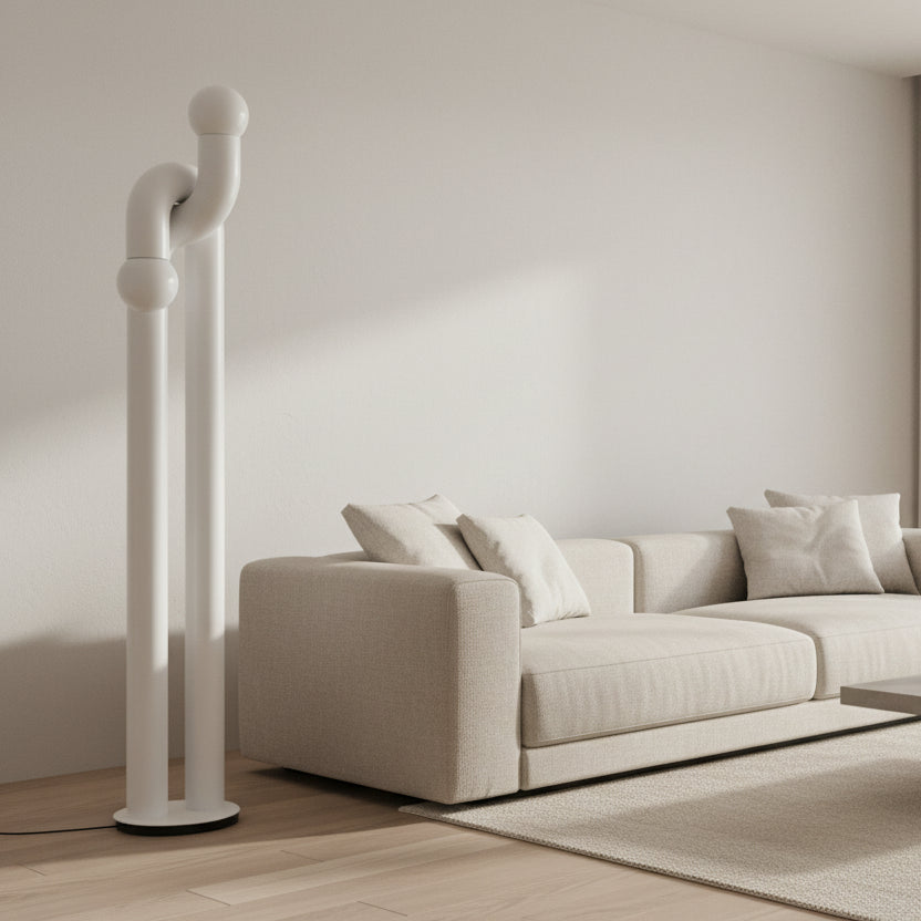 White sculptural floor light fixture with glass globe shades, 185cm