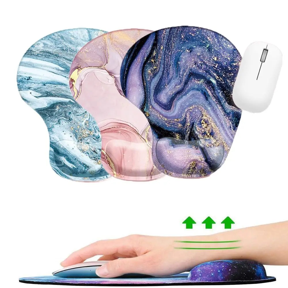 Three marble-patterned mouse pads with a hand using one of them on a white background.