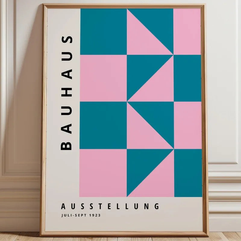 Bauhaus geometric canvas print with teal and blush square grid and diagonal triangle design