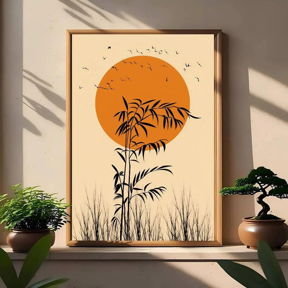 Minimal bamboo silhouette canvas print with orange sun and small birds on a warm neutral background.