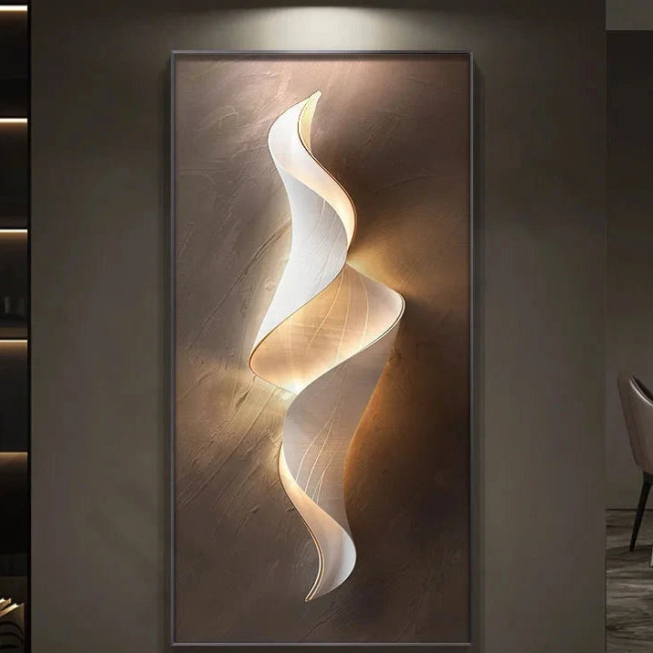 Lumina Flow LED sculptural wall light with elongated spiral ribbon form and warm golden backlight on a brown canvas