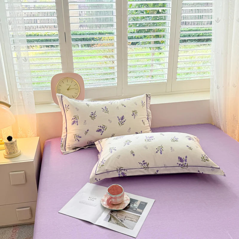 Lavender Field bedding set featuring delicate purple lavender sprigs on cream-coloured cotton.