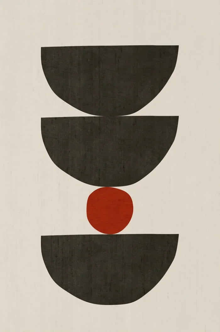 Geometric design with black semi-circles and a red circle on a beige background