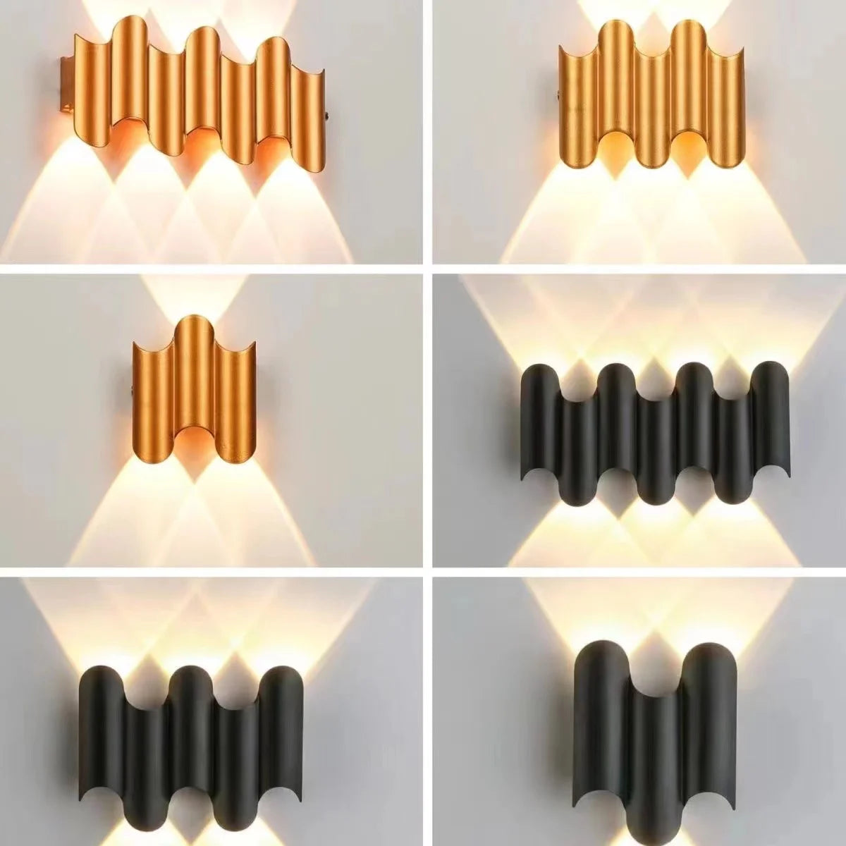 Creative ripple wall lights in gold and black finishes showing 2-wave, 3-wave, and 4-wave designs with up-and-down LED beam patterns
