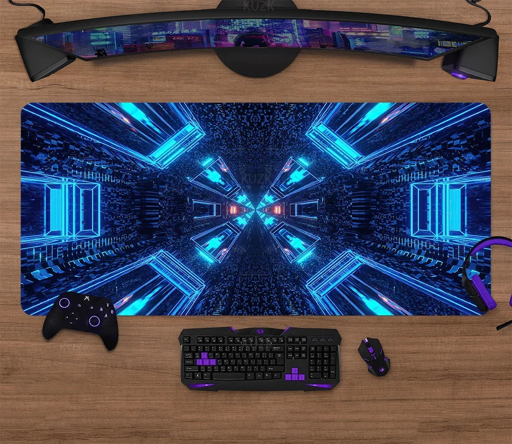 Large gaming mouse pad with blue neon tunnel design on a desk setup