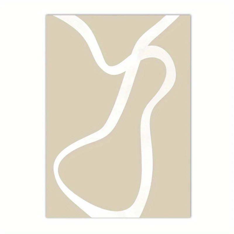 Beige canvas print with a single curved white line forming an abstract vase-like shape