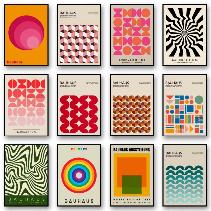 Collection of Bauhaus style posters with geometric patterns and vibrant colors.