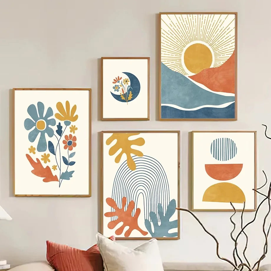 A set of five colourful abstract art prints on a wall