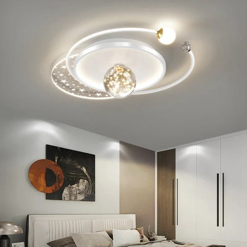 White circular orbital LED ceiling light with star acrylic panel and crystal ball, 52×40cm