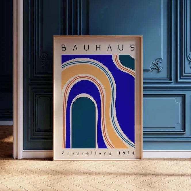 Bauhaus arch print with blue, beige, and teal curved geometric shapes