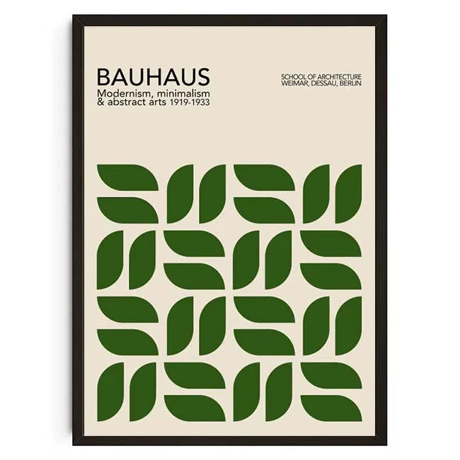 Bauhaus poster with green geometric pattern and text on a beige background