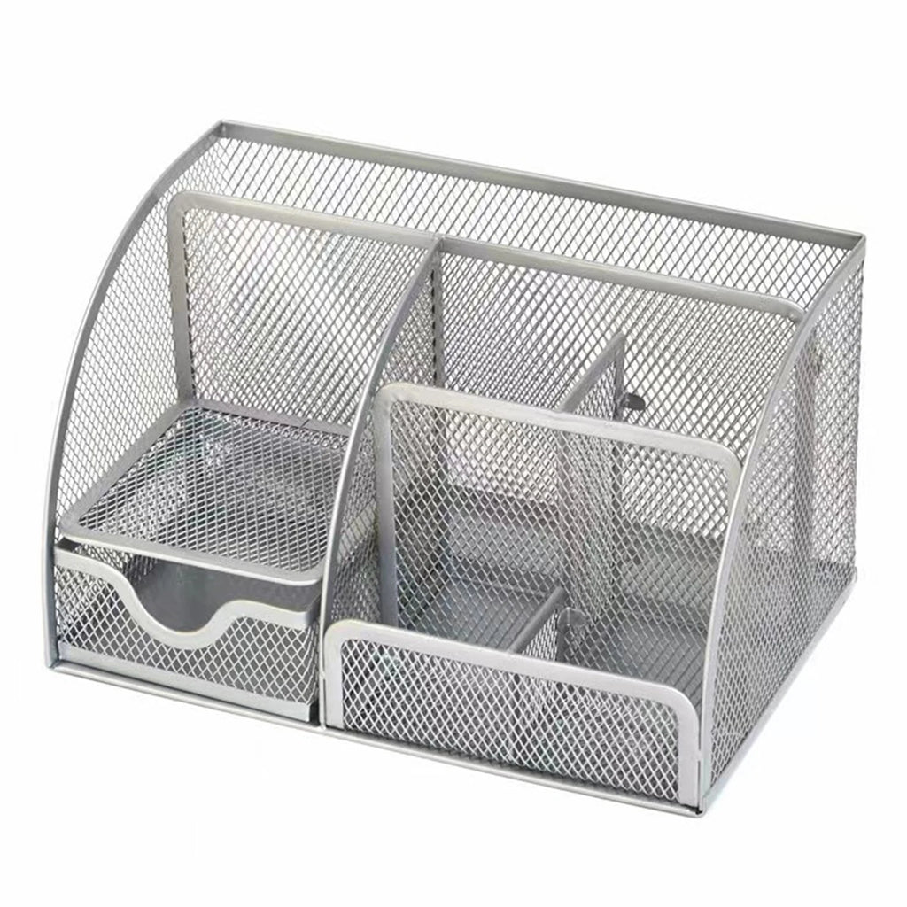 Grey metal mesh desk organiser with compartments on a white background